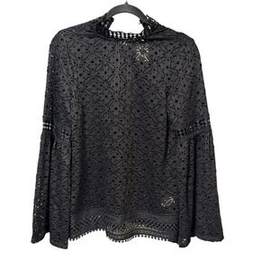 Neiman Marcus Womens Black Eyelet Lace Mock Neck Bell Sleeve Blouse Small